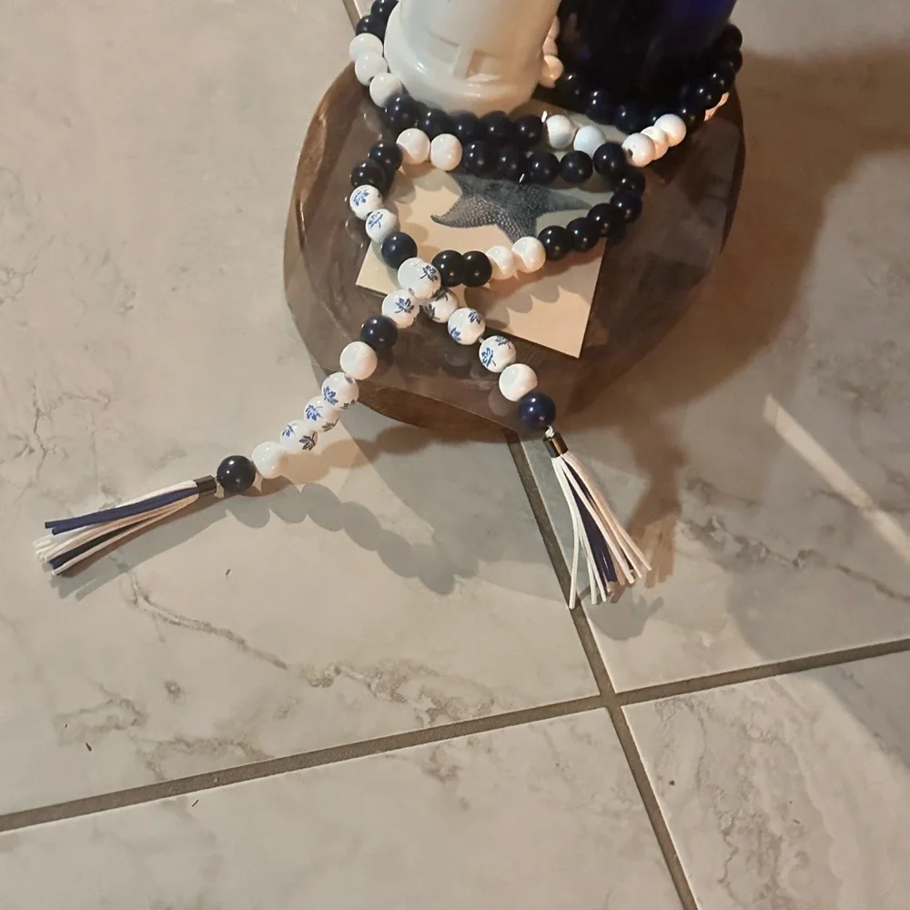 Blue & White beautiful wood and acrylic bead garland 8ft & 4in tassels handmade